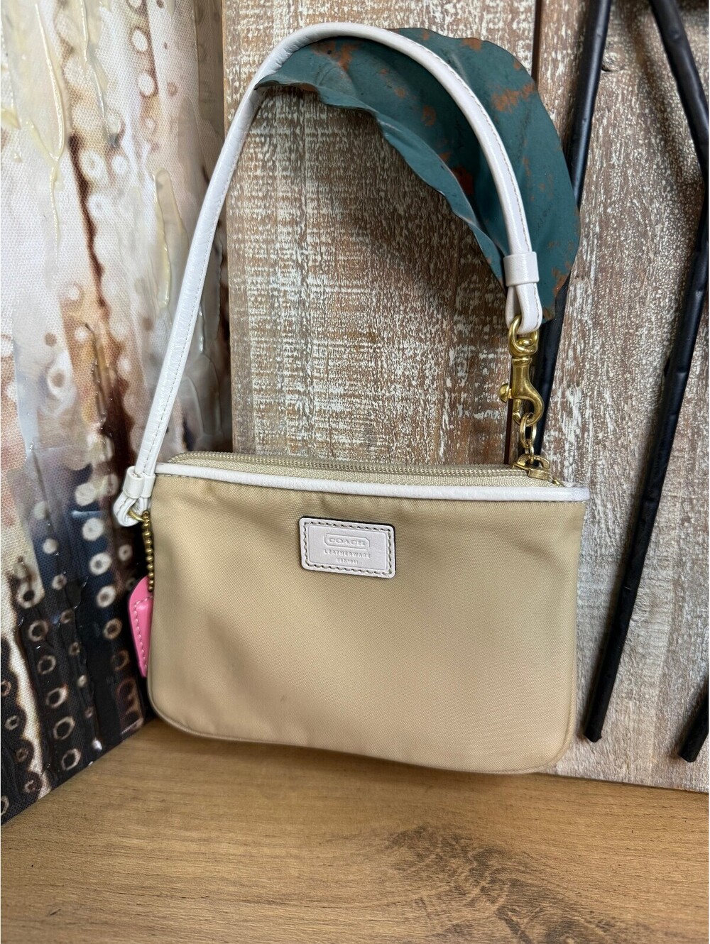 Coach Beige Nylon Mini Wristlet with Pink Interior 6"x4"